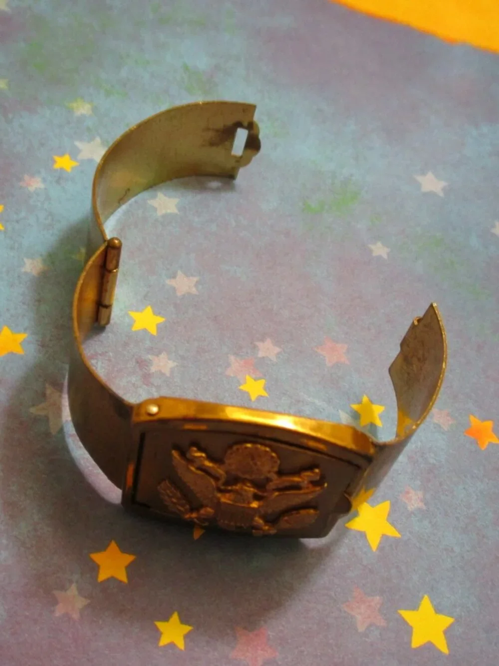 WWII US ARMY Hidden Locket Bracelet: Gold Matte Metal Hinged Military Cuff~ RARE